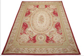 9x12 Crimson, Ivory, Mint Color Hand Woven French Aubusson Flatweave Wool Traditional Oriental Rug